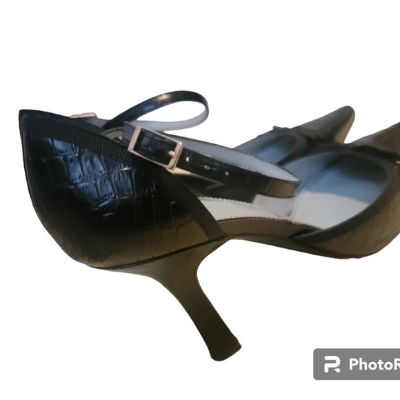 Etienne Aigner Adam Black Crocodile Point Toe D'Orsay Ankle Strap Pump Heels - Picture 7 of 13